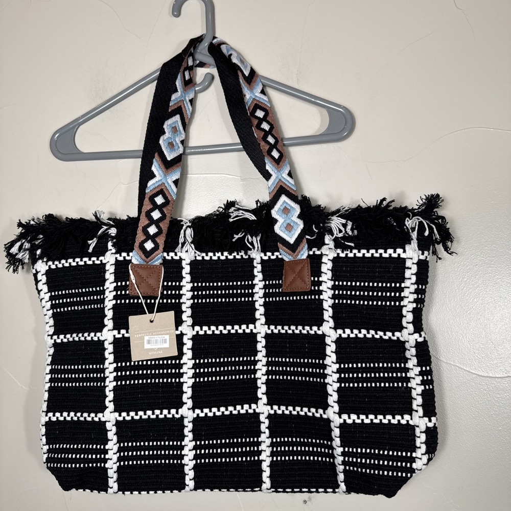 New With Tag Styline Cotton‎ Tote 20" X 13" X 4" Aztec Embroidered Straps Fringe